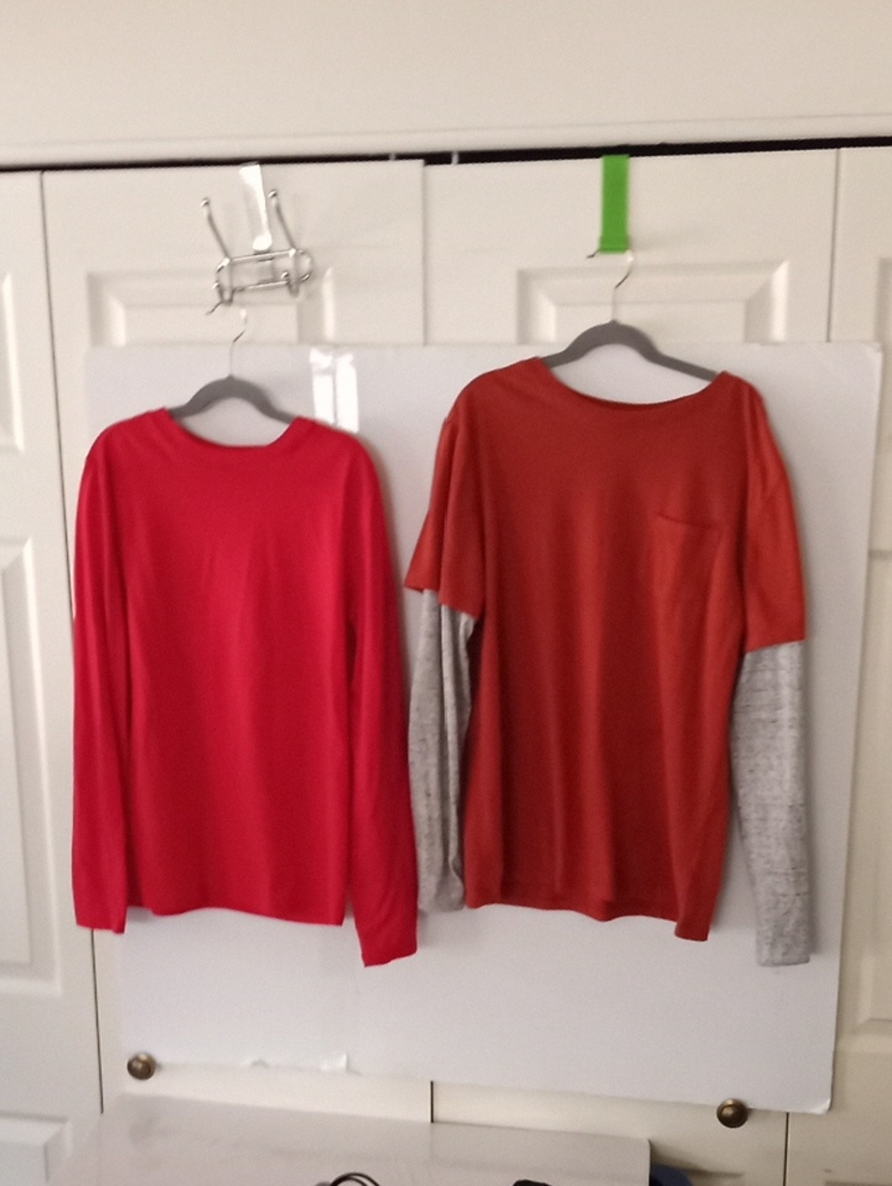 Two Long-Sleeve Tops — Red and Rust with Heather Gray Sleeves - Size (12/14)